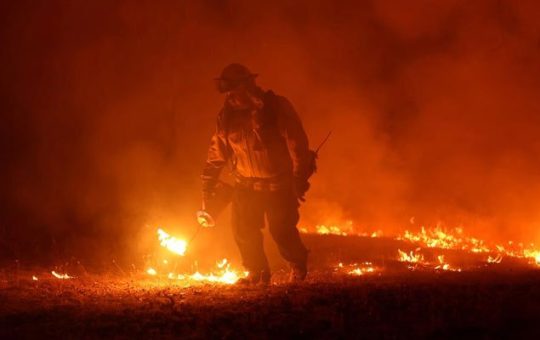 Isang bumbero ang nagsindi ng backfire habang nakikipaglaban sa Oak Fire noong Hulyo 23, 2022 sa California.  Larawan: AFP