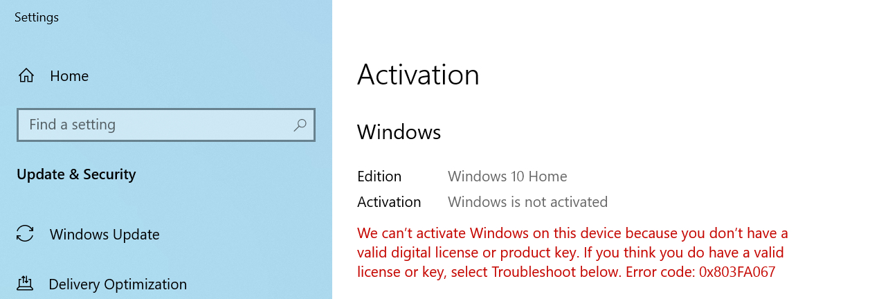 Menu ng mga setting ng pag-activate ng Windows