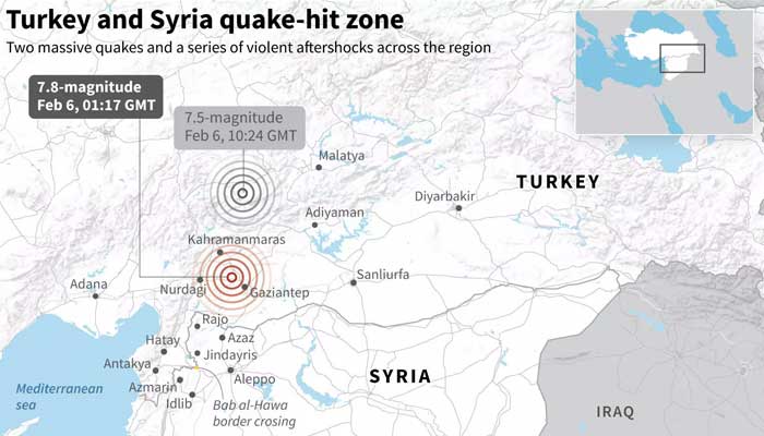 Turkey at Syria quake-hit zone makikita sa mapang ito.  — AFP/File